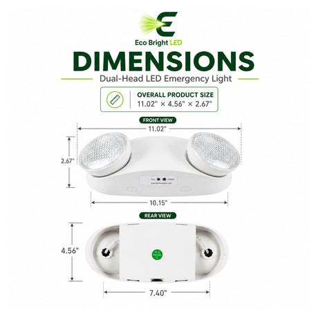 Dimensions and specifications for 2W Dual-Head LED Emergency Light for, including measurements and performance data.
