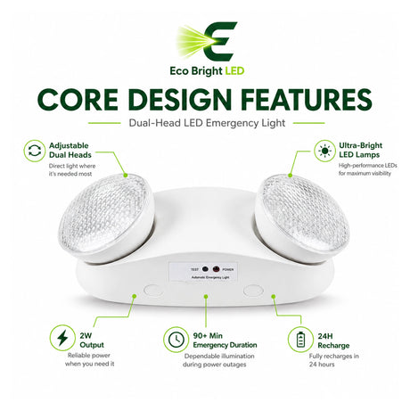 Key performance and design features of 2W Dual-Head LED Emergency Light for Commercial for commercial lighting projects.