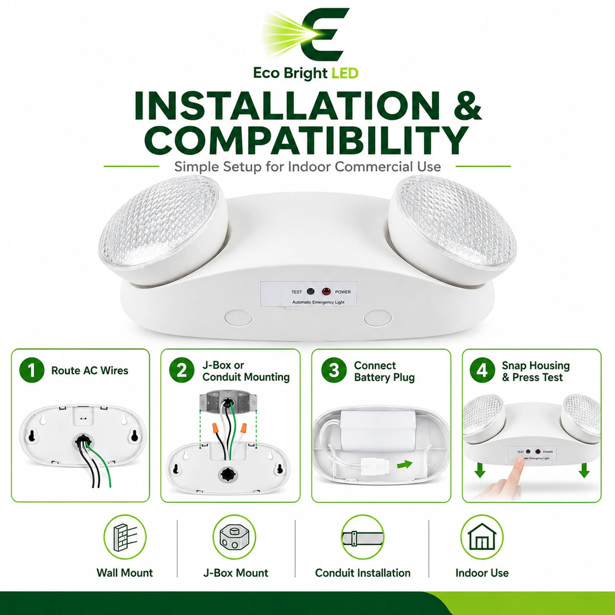 Installation and mounting details for 2W Dual-Head LED Emergency Light for, including compatibility and wiring guidance.