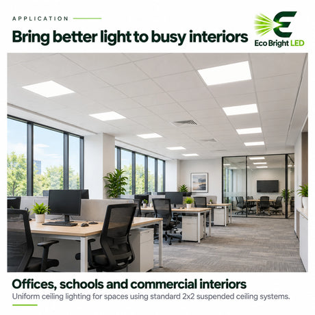 2x2 backlit LED panel light illuminating a bright office with suspended ceiling panels for commercial interiors