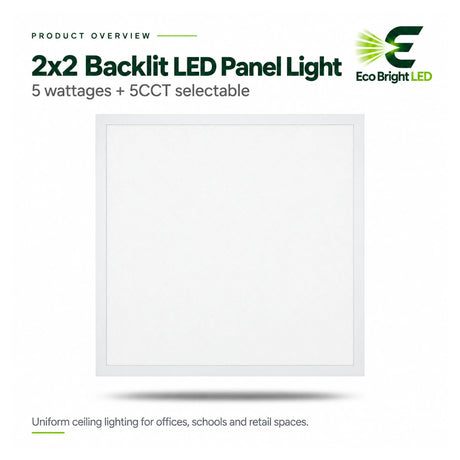 2x2 backlit LED panel light with selectable wattages and 5CCT settings for uniform office ceiling lighting