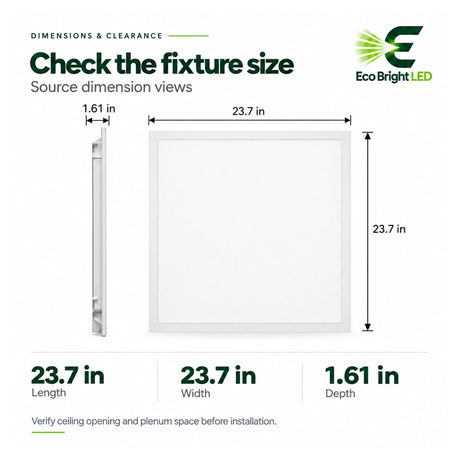 2x2 backlit LED panel light dimension guide showing a white square fixture measuring 23.7 by 23.7 by 1.61 inches