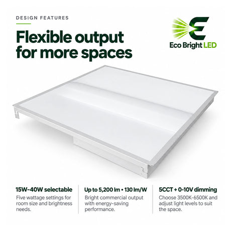2x2 LED troffer light with selectable 15W-40W output, 5CCT color tuning, and 0-10V dimming