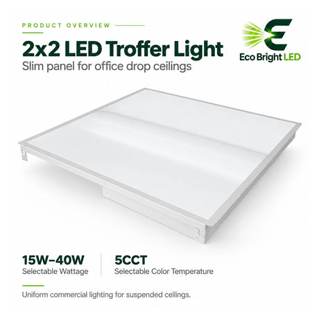 Slim white 2x2 LED troffer light with selectable 15W-40W wattage and 5CCT color temperature for office drop ceilings