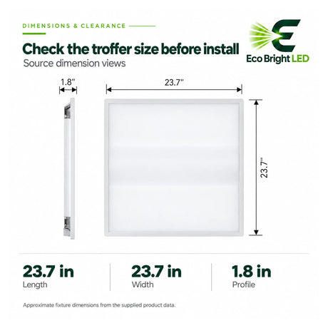 2x2 LED troffer light shown in front and side views with 23.7-inch length, 23.7-inch width, and 1.8-inch profile