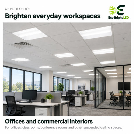 2x2 LED troffer lighting in a modern office drop ceiling with workstations and glass conference rooms