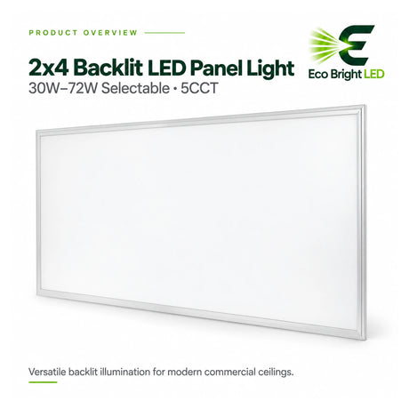 2x4 backlit LED panel light with selectable 30W-72W output and 5CCT for commercial ceiling lighting