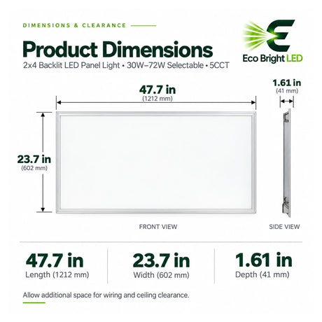 2x4 backlit LED panel light with front and side views, 30W-72W selectable, 5CCT, and 47.7 x 23.7 x 1.61 in dimensions