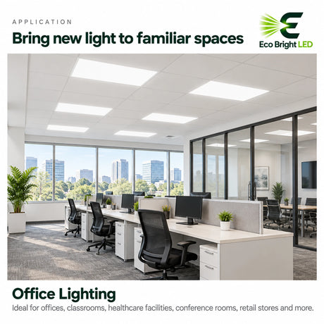2x4 dimmable LED panel lights illuminate a modern office with drop ceiling grid and workstations