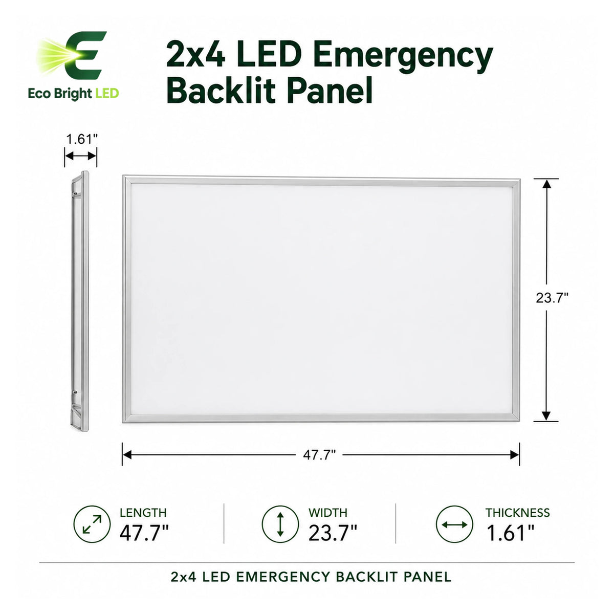 Dimensions and specifications for 2x4 LED Emergency Backlit Panel 30-72W, including measurements and performance data.