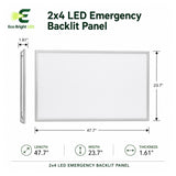 Dimensions and specifications for 2x4 LED Emergency Backlit Panel 30-72W, including measurements and performance data.