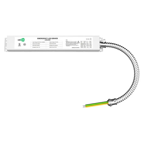 Emergency LED driver with metal housing, flexible conduit, and wire leads for a 2x4 backlit panel light
