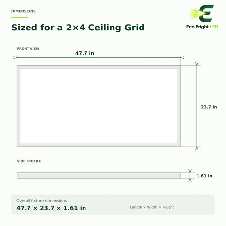 2x4 LED ceiling panel dimensions showing 47.7 by 23.7 by 1.61 inch fixture size