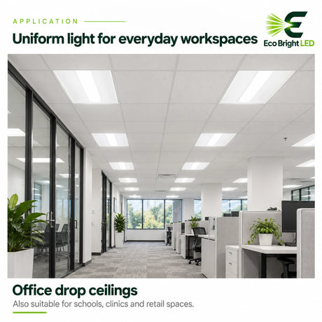 2x4 LED troffer lights illuminate a modern office drop ceiling with uniform light across workspaces