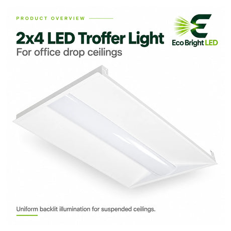 White 2x4 LED troffer light with backlit panels for office drop ceilings, 30W-72W options