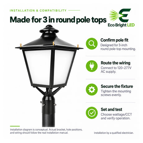 Black decorative LED post top light for 3-inch round poles, with wiring, mounting, and wattage/CCT setup guidance