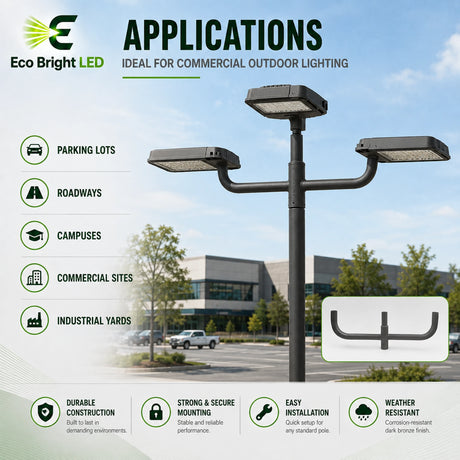 3-Light 180° Triple Bullhorn Adapter shown in recommended commercial applications for efficient, reliable illumination.