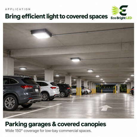 30/45/70W 3CCT square LED canopy light illuminating a covered parking garage with wide low-bay coverage