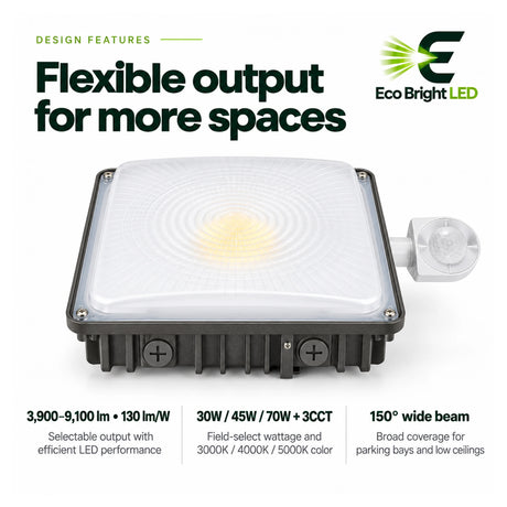 Square LED canopy light with selectable 30W, 45W, and 70W output, 3CCT settings, and occupancy sensor for parking gar...