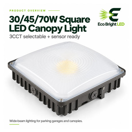 Square 30/45/70W LED canopy light with 3CCT selectable color and sensor-ready design for parking garages