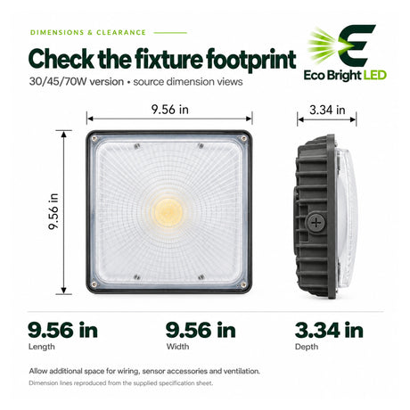 Square 30/45/70W LED canopy light shown in front and side views with 9.56 x 9.56 x 3.34 inch dimensions