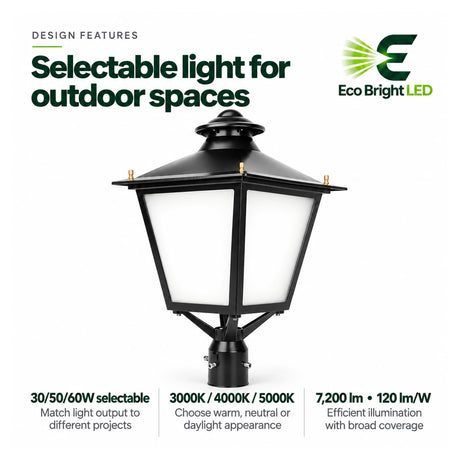 Black decorative LED post top lantern with selectable 30/50/60W power and 3000K, 4000K, or 5000K color temperatures