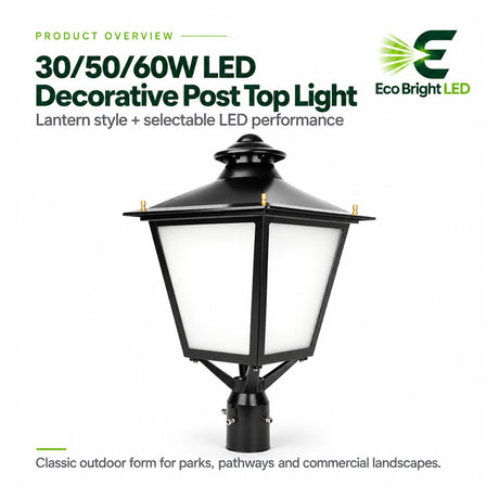 Black lantern-style 30/50/60W LED decorative post top light for parks, pathways, and commercial landscapes