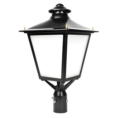 Black 30/50/60W LED decorative post top light with lantern-style housing for parks and pathways