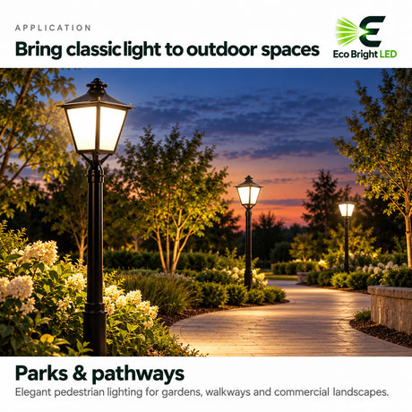 Black LED decorative post top lights illuminate a landscaped park pathway, garden, and walkway at dusk