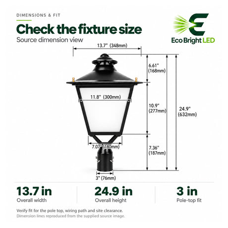 Black LED decorative post top light dimension diagram showing 13.7-inch width, 24.9-inch height, and 3-inch pole fit
