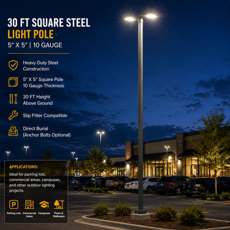 30 ft square steel light pole with 5x5 10 gauge construction in a parking lot at dusk