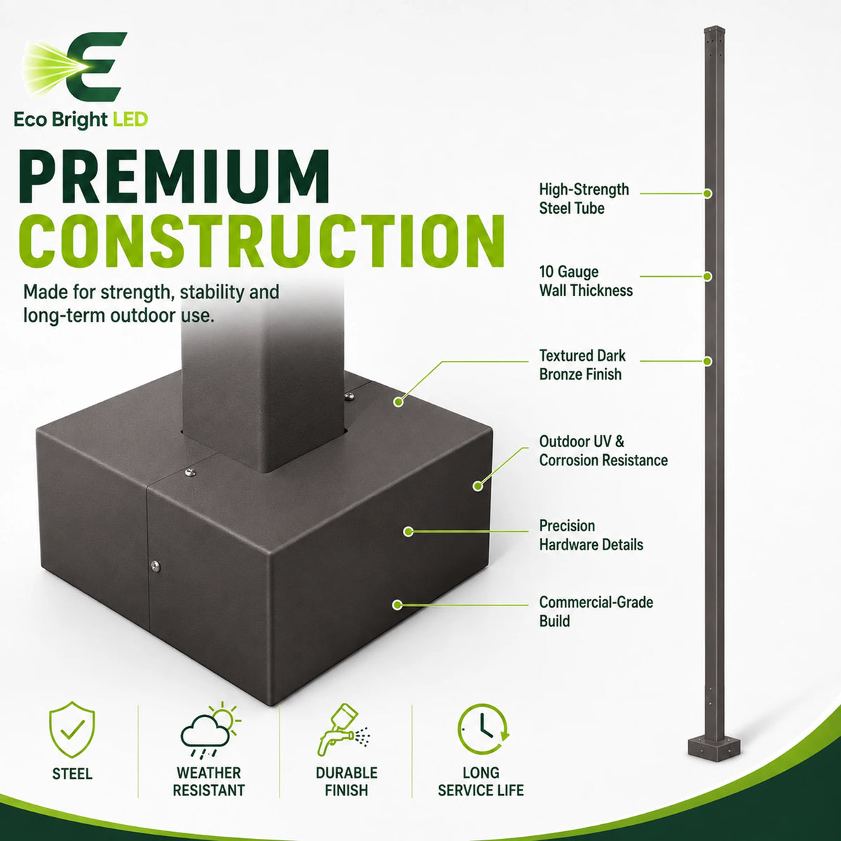 Housing, lens and construction details of 30 Ft Square Steel Light Pole 5x5 10 Gauge Parking for durable commercial use.
