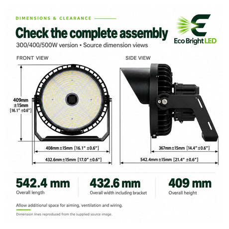 Dimension diagram of 300/400/500W 5000K LED sport light showing front and side views with mounting bracket