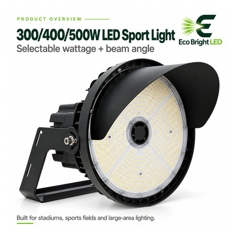 Black 300/400/500W 5000K LED sport light with mounting bracket, selectable beam angle for stadiums and sports fields