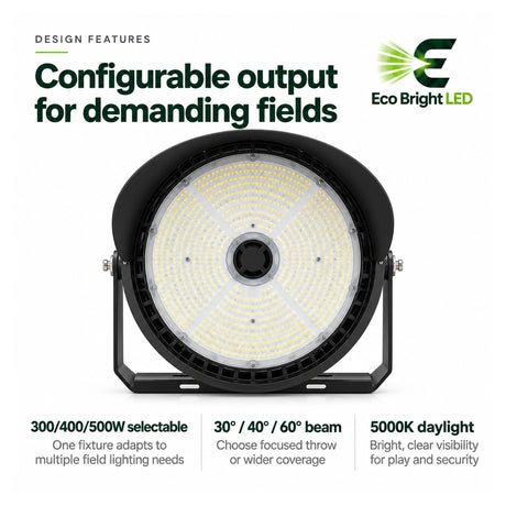 Selectable 300/400/500W LED sport light with 5000K daylight, 30°/40°/60° beam options, and adjustable bracket