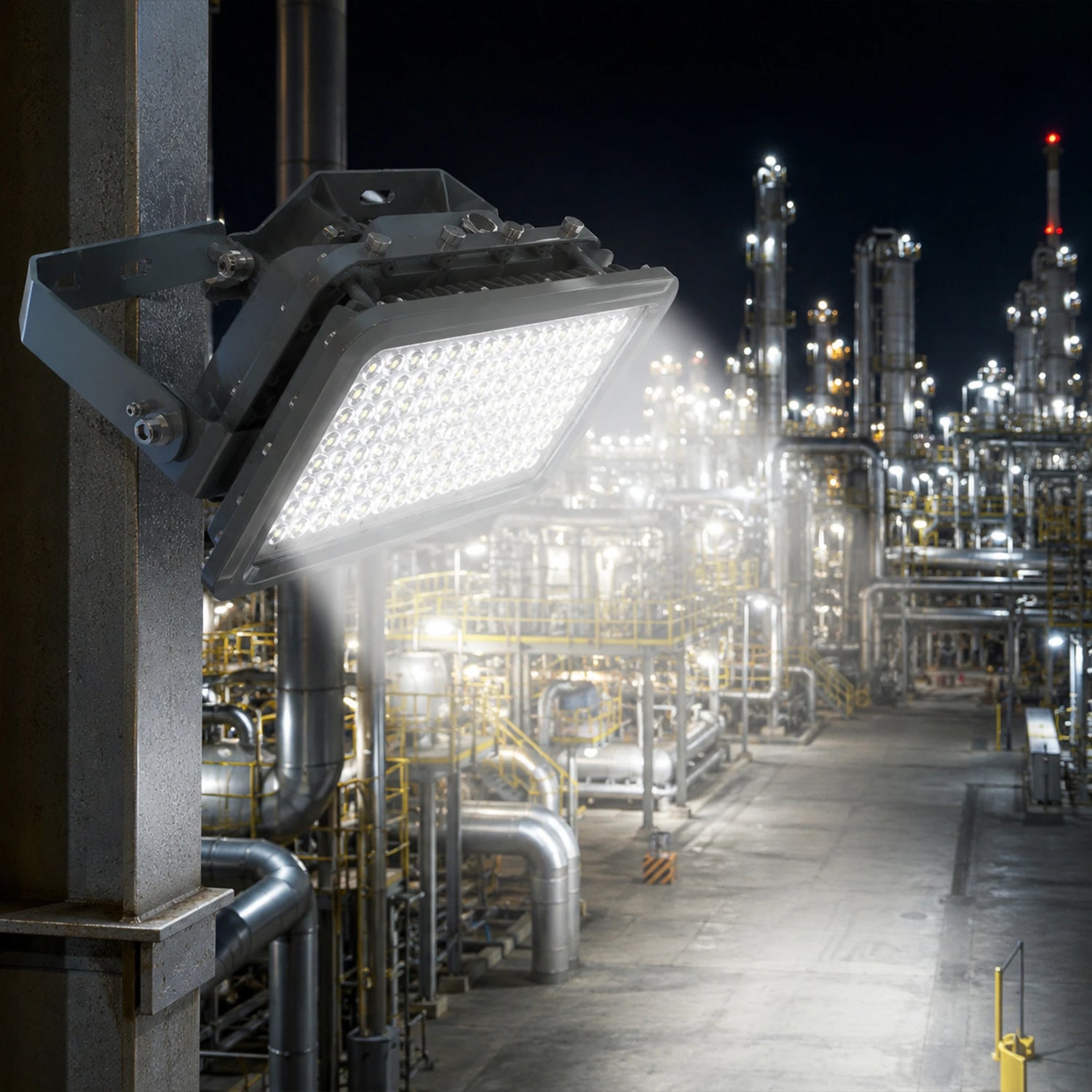 300W explosion proof LED flood light delivering 42,000 lumens of 5000K daylight illumination across a refinery.