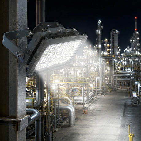 300W explosion proof LED flood light delivering 42,000 lumens of 5000K daylight illumination across a refinery.