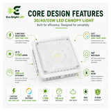 Key performance and design features of 30/40/55W LED Canopy Light 3CCT for Parking for commercial lighting projects.