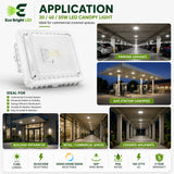 30/40/55W LED Canopy Light 3CCT for shown in recommended commercial applications for efficient, reliable illumination.