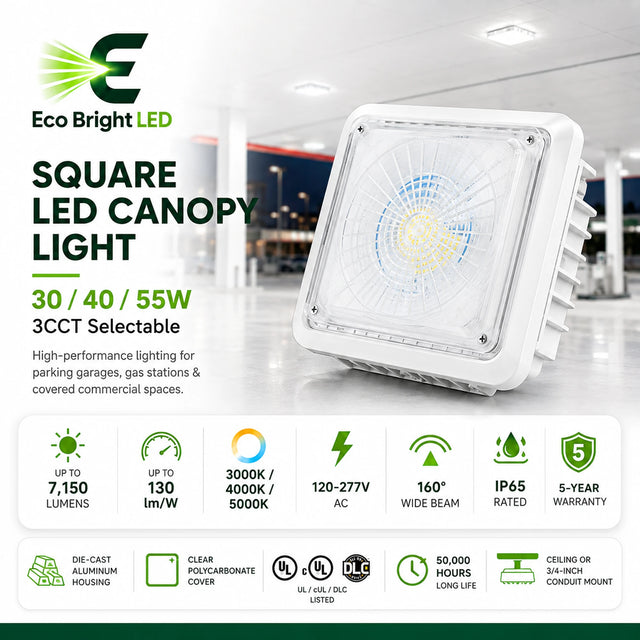 30/40/55W LED Canopy Light 3CCT for product overview with key specifications for commercial lighting applications.