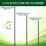 Three square steel light pole size options shown with 5x5, 4x4, 30 ft, 25 ft, and 20 ft heights