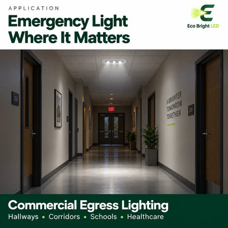 3W LED emergency ceiling light illuminating a commercial hallway with doors, corridor, and exit signage