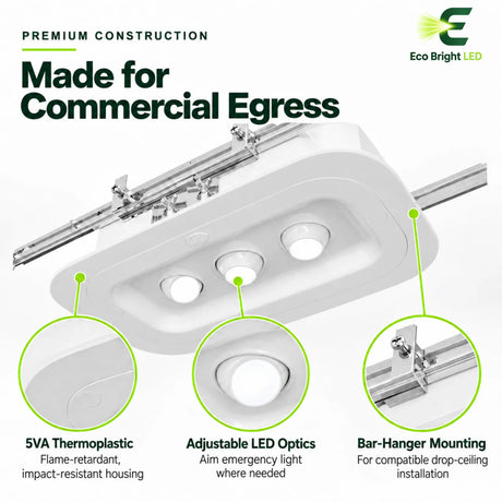 3W LED emergency ceiling light with adjustable optics, thermoplastic housing, and bar-hanger mounting