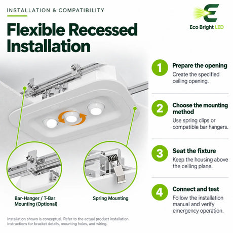 3W LED emergency ceiling light shown with recessed installation, spring mounting, T-bar compatibility, and testing steps