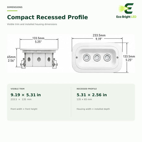 3W recessed emergency ceiling light with three lenses, showing 9.19 x 5.31 inch trim and 5.31 x 2.56 inch housing