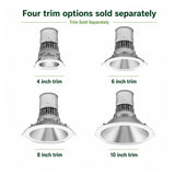 Four recessed downlight trim options shown separately in 4, 6, 8, and 10 inch sizes
