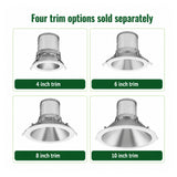 Four selectable recessed downlight trims in 4, 6, 8, and 10 inch sizes sold separately