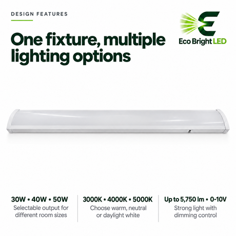 4-foot LED wraparound ceiling light with selectable 30W, 40W, 50W output and 3000K to 5000K color settings