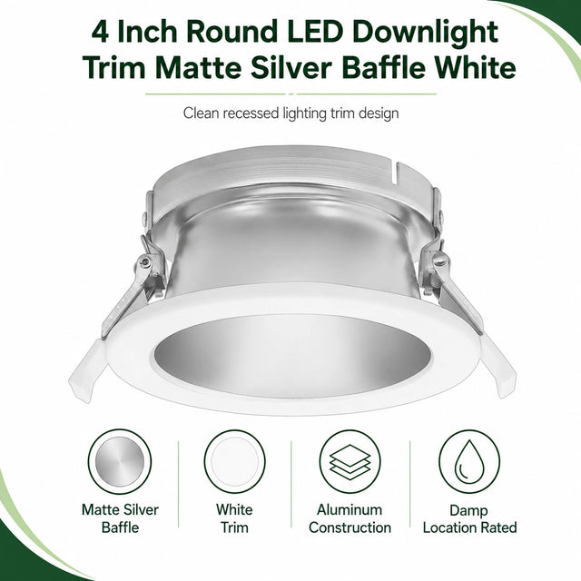 Round 4 inch LED downlight trim with matte silver baffle, white trim ring, and damp location rating