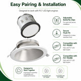 Matte silver round LED downlight trim with white trim ring and butterfly clip installation view